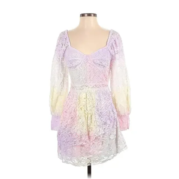 LoveShackFancy‎ Alela Long Sleeve Lace Tie Dye Ombre Pastel Mini Dress Size 2 - Picture 5 of 6